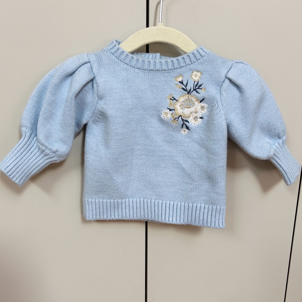 JANIE AND JACK light blue flower applique puff sleeve sweater sz 6-12 months
